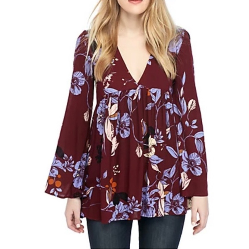 Free People Maroon Floral V-Neck Bell Sleeve Blouse